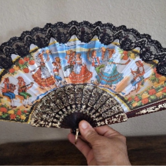 1980s/90s "La Tarantella" The Dance Fabric Lace Fan - Picture 2 of 10